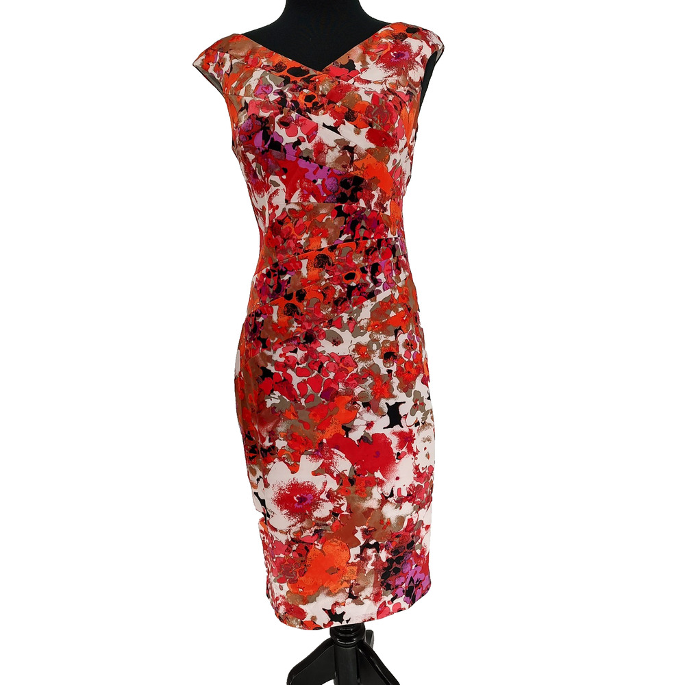 Jax Woman's Orange Floral Sheath Dress Size 6 Back Zip & Slit Pleats Office Sexy